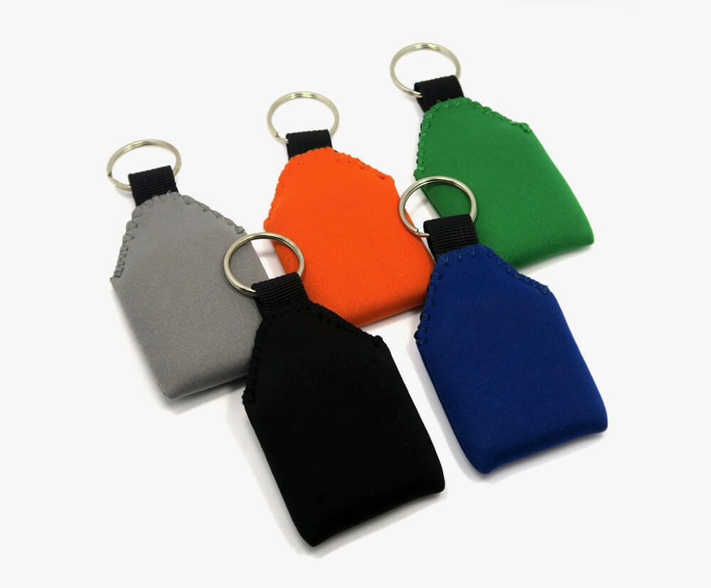 Various colour options available on the largest size of neoprene floating keyrings.