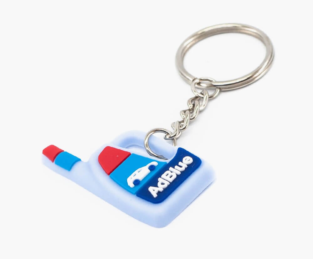 3D custom moulded rubber feel bottle keyrings with a company logo.