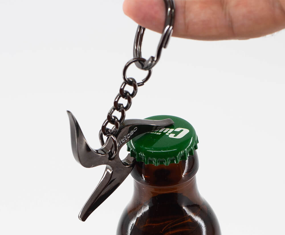 Bottle opener keyring with black plating.