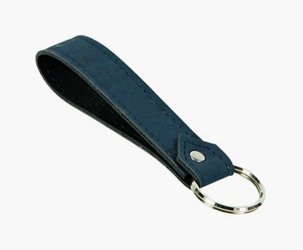 Cork strap keyring, available in various colours including blue.