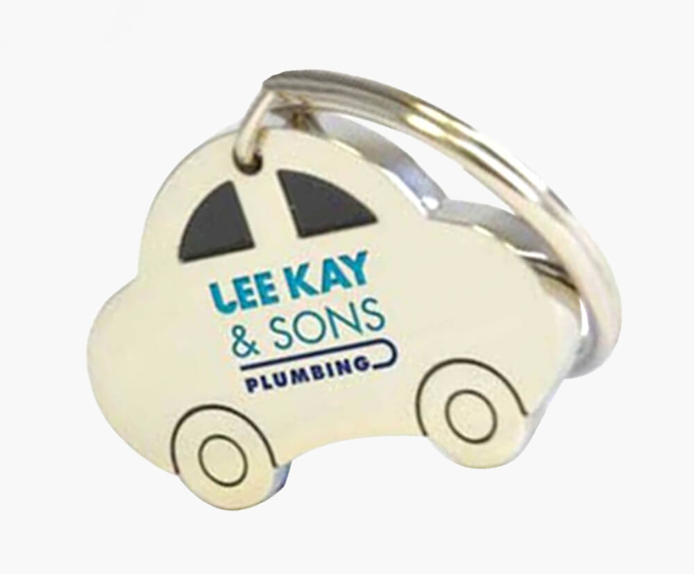 Printed branding on a metal car-shaped promotional keyring.