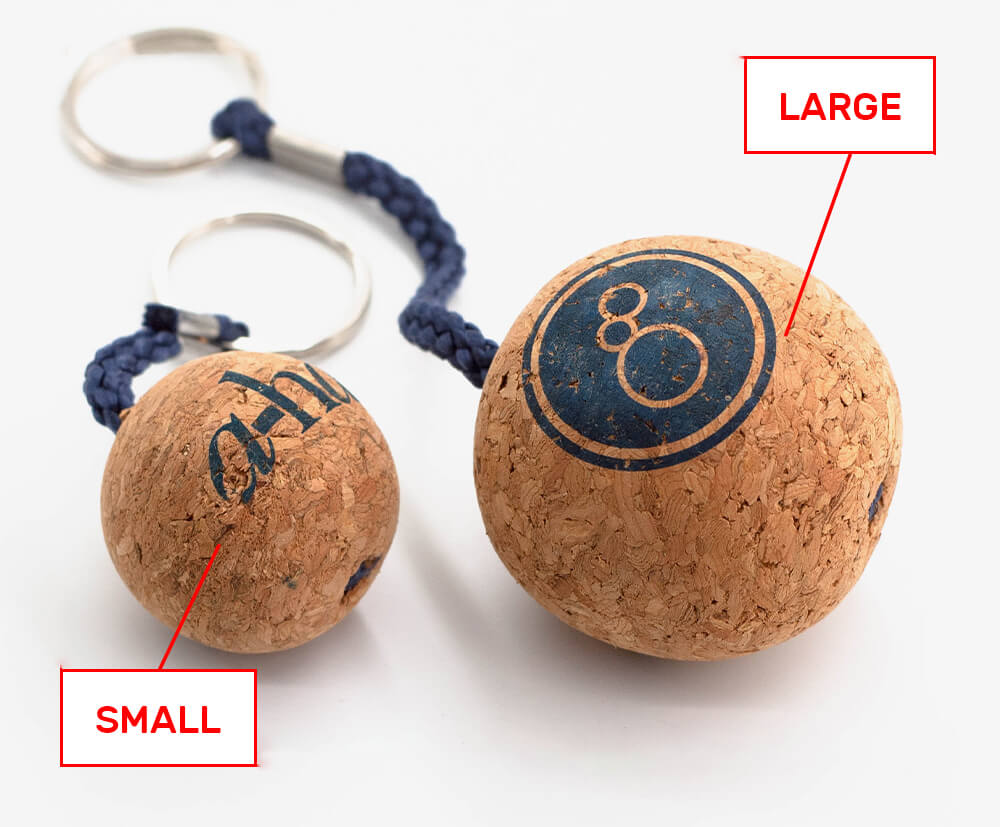 Cork keyrings are available in 2 different sizes.