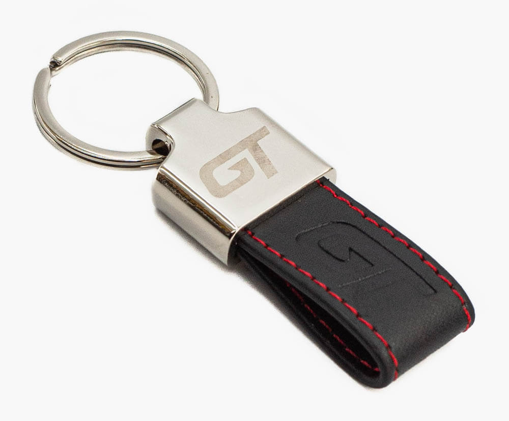 Mini PU leather loop keyring with engraved and embossed branding.