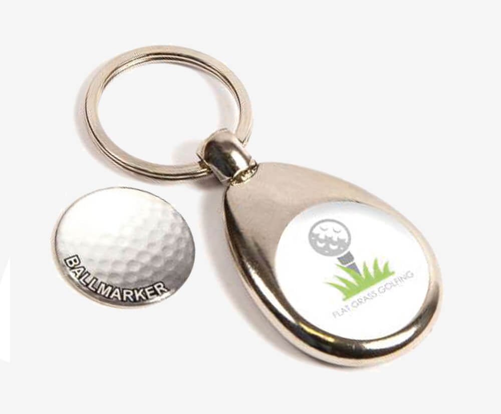 Golf ball marker keyring with a full colour printed design.