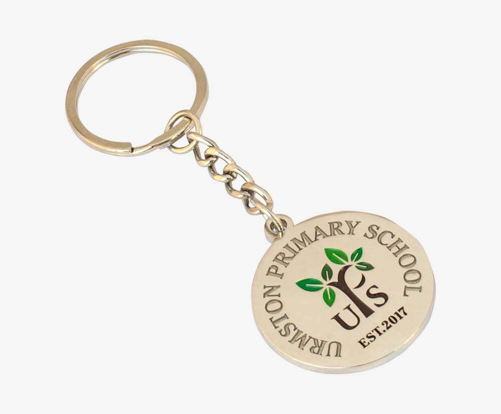 2D moulded keyring - flat on both sides. With embossing on both sides with colour enamel fill.