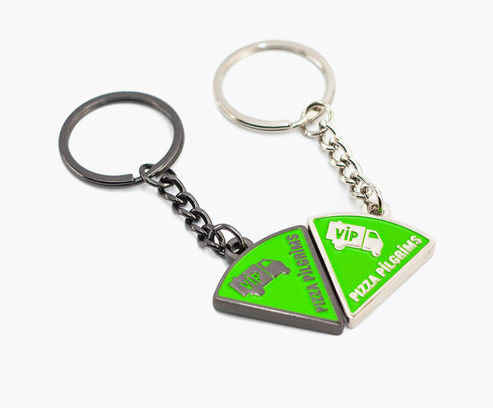 1 colour enamel fill on black or silver plated keyrings.