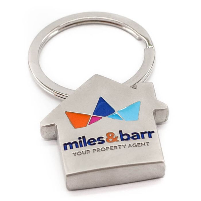 Enamel fill branded house shaped keyring with brushed plating