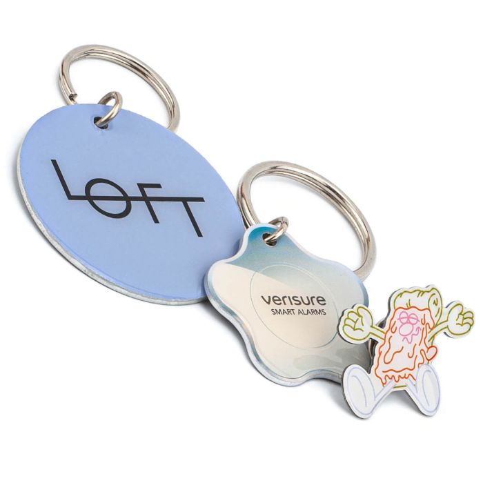 Printed aluminium keyrings. Custom shaped to your design.