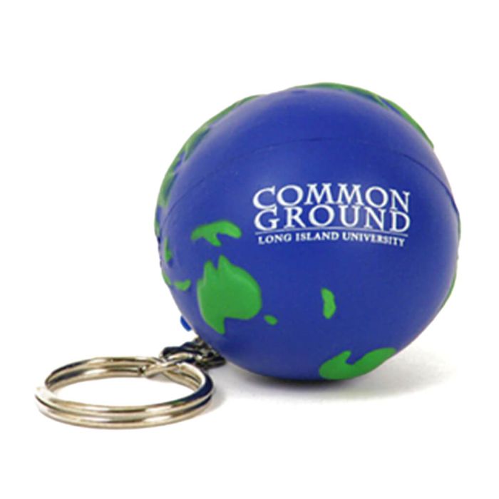 Stress-ball keyring with 3d moulded earth design and separate colour for branding.