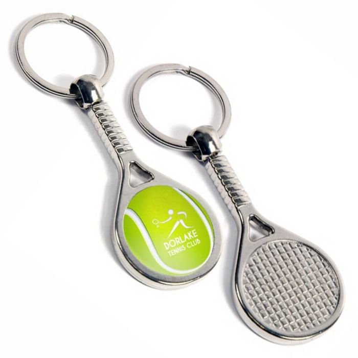 Tennis racket keyrings. Branded with your logos. Full colour printed keyrings.