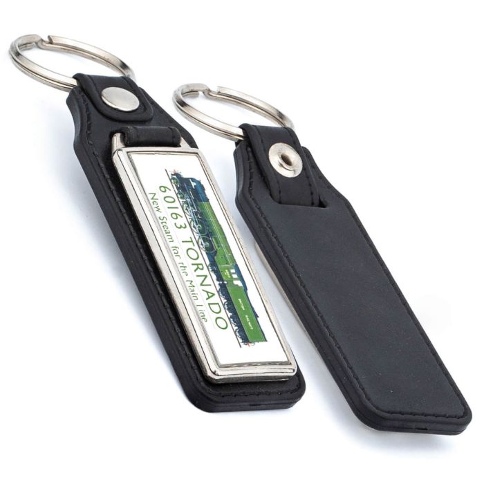 Oblong metal and leather printed insert keyrings
