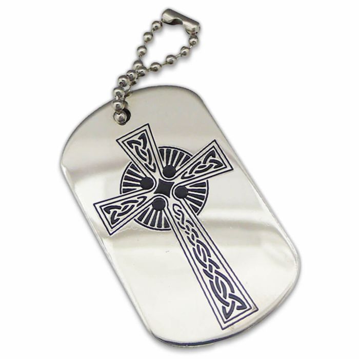 Stainless steel dog-tag promotional keyring with printed design.