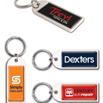 Cast alloy arch-shaped keyring with bright chrome finish and 24mm split ring, full-colour process printed with custom logo