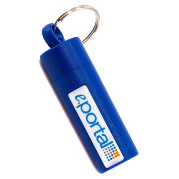 Blue plastic cash stash keyring with branded area.