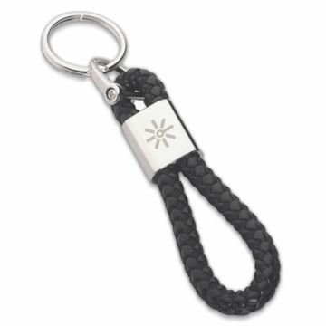 Braided leather loop keyring with engraved metal