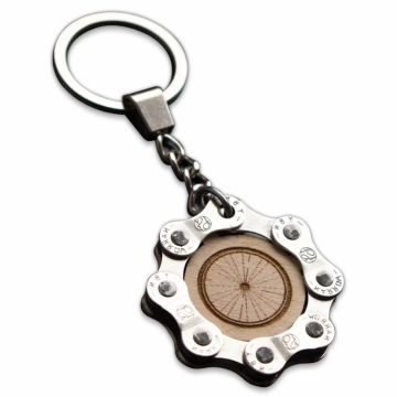 Branded wood keyring with recycled bike chain parts.