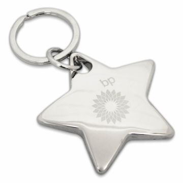 Star-shaped promotional keyring with custom logo engraved.