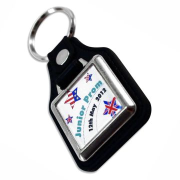 Custom printed medallion keyrings - metal fobs attached to a PU backing.