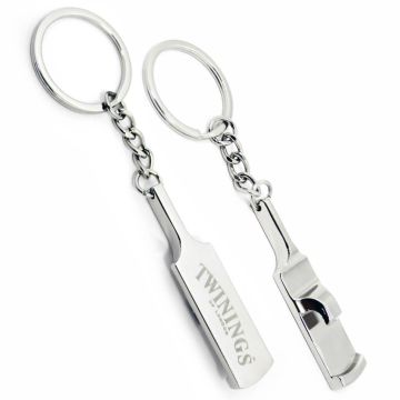 Mini cricket bat bottle opener keyrings.