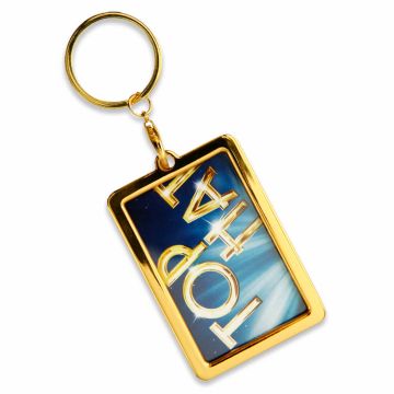 Metal promotional keyring with gold plating and large printed insert.