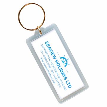 Long oblong keyrings with large branding window for full colour print on one or two sides.