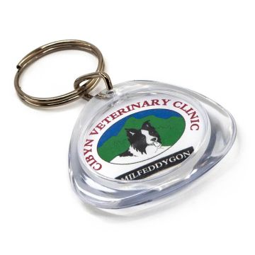 Custom rounded triangular keyrings branded with your logos on one or two sides.
