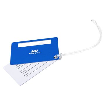 Durable 0.7 mm PVC luggage tag with full-colour printed branding, silicone strap attachment, and writeable contact details card.