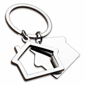 Unbranded house-shaped metal promotional keyring in 2 parts.