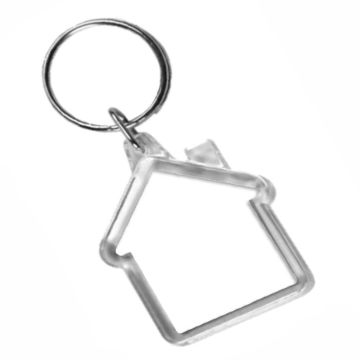 Mini house shaped cheap blank keyrings. Print out onto pre-cut paper sheets and insert into acrylic housing.