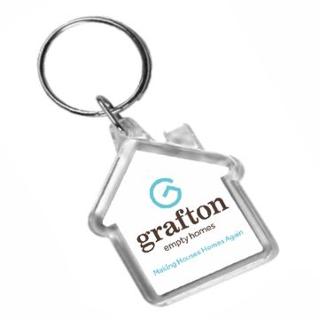 Printed promotional mini-house shaped keyrings.