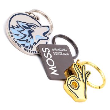 Good quality custom-shaped metal keyring.