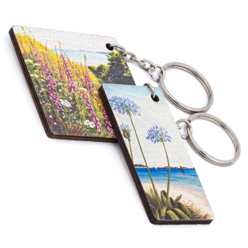 Printed wood, custom shaped luxury keyrings