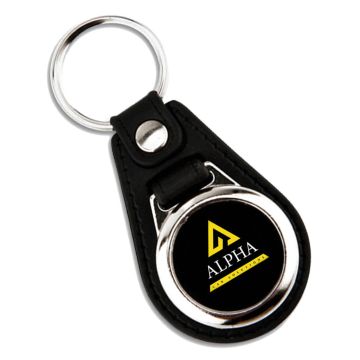 PU leather back with round metal medallion with black paper insert.