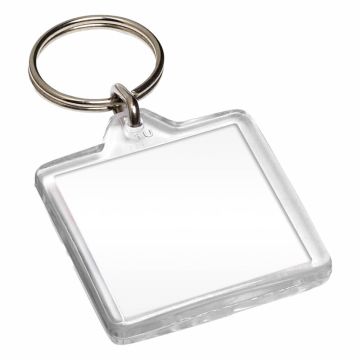 Square blank keyrings with metal splitring. Space to add your own printed paper inserts for a cheap way to advertise your business.