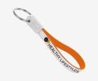 Custom made ad-loop keyrings. This example shows a white loop end, orange underside, 2 colour print on a white ribbon.