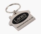 Simple house-shaped metal promotional keyring with engraved logo and enamel fill.