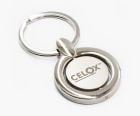 Spinning metal promotional keyring with an engraved logo.