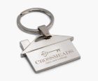 House-shaped metal promotional keyring with 2 colour branding.