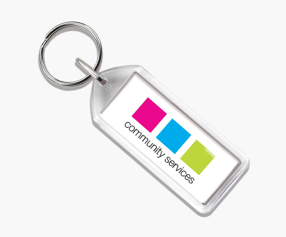 Digitally printed acrylic keyrings with up to full colour branding.