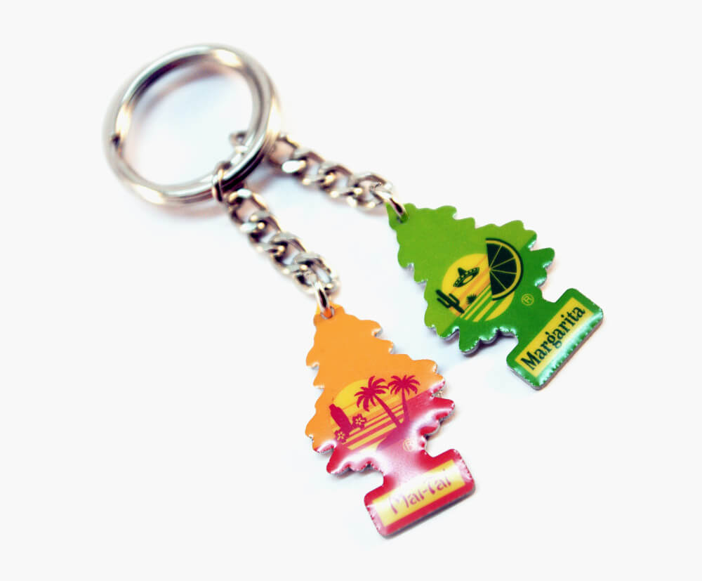 Custom-shaped metal keyring with a promotional design printed on the reverse.