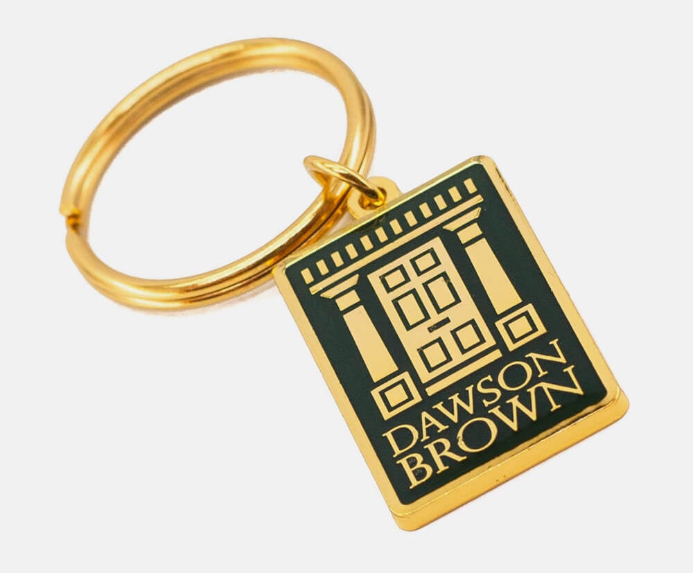 Gold plated metal keyring with a 1 colour fill branding.