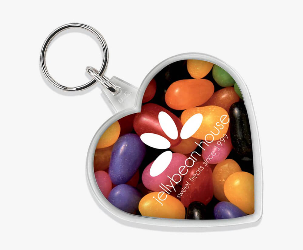 Heart shaped keyrings printed in up to full colour digital print on both sides.