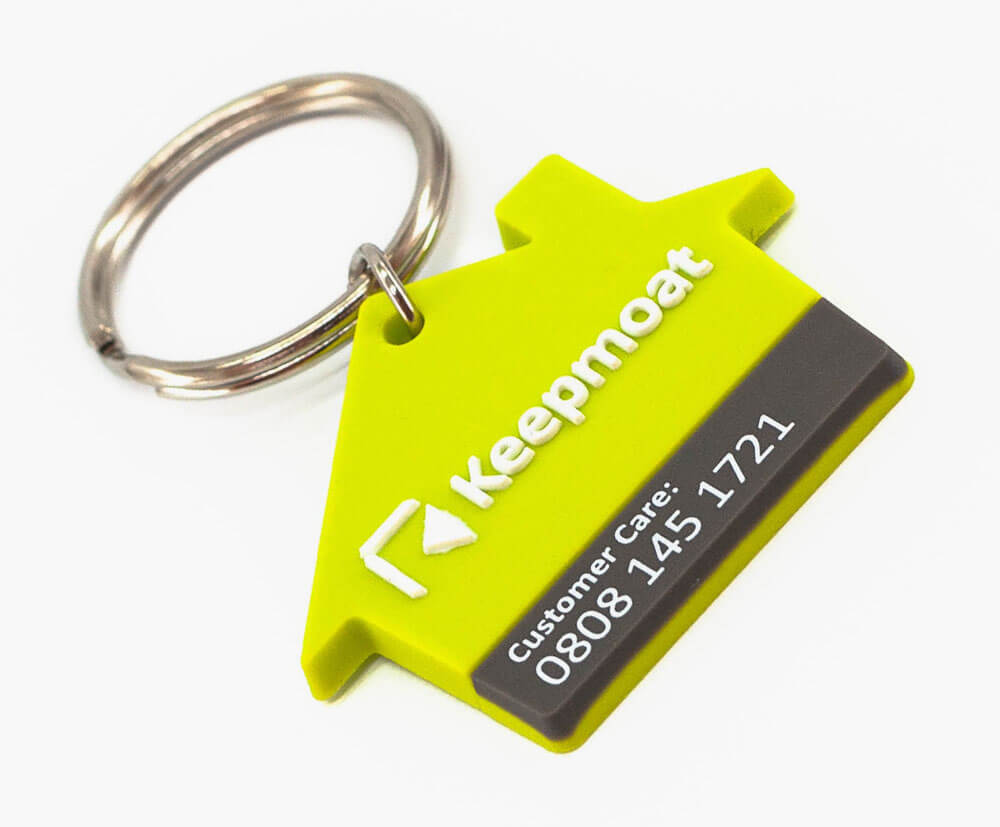 Personalised house shaped soft PVC Keyrings with 3 colours pvc fill & 1 colour print.
