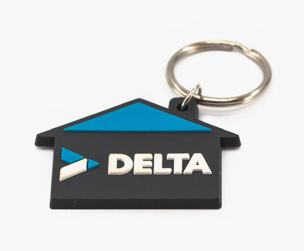 Flexible house shaped keyring - 3 colour PVC fill. Standard attachment without chain.