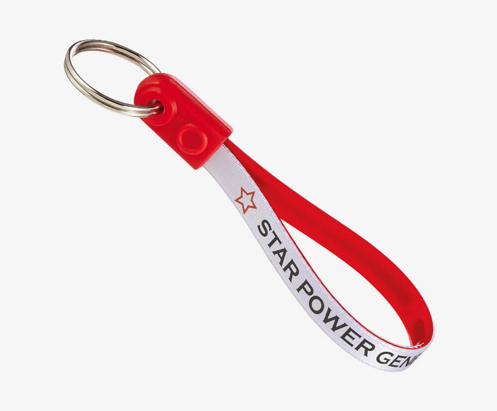 Red ad-loop keyring. This example shows a red loop end, red underside, black print on a white ribbon.
