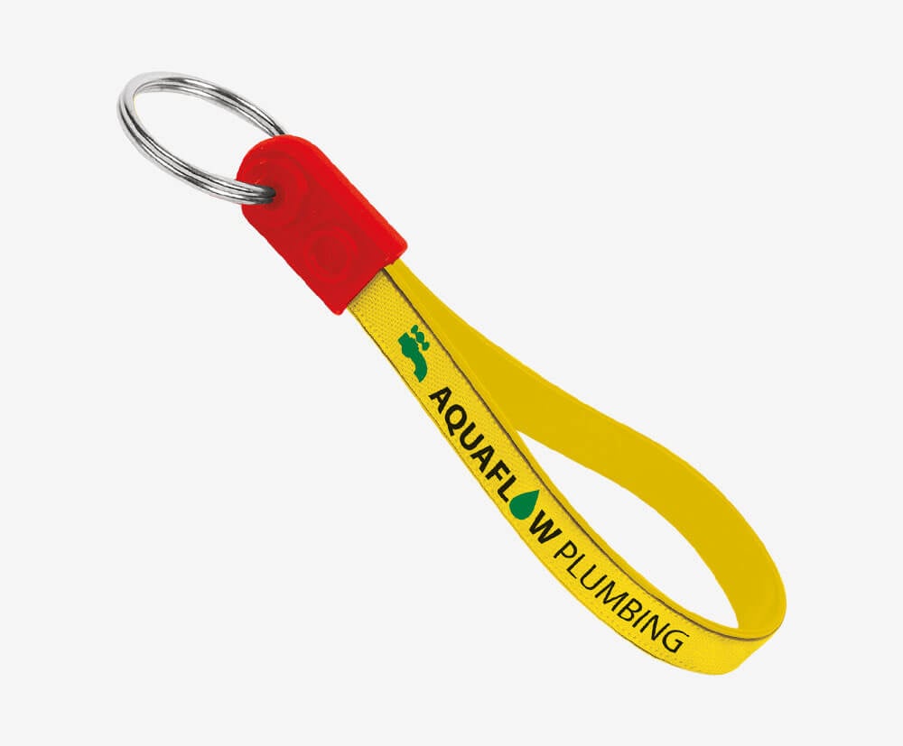 Red-yellow ad-loop keyring. This example shows a red loop end, yellow underside, 2 colour print on a yellow ribbon.