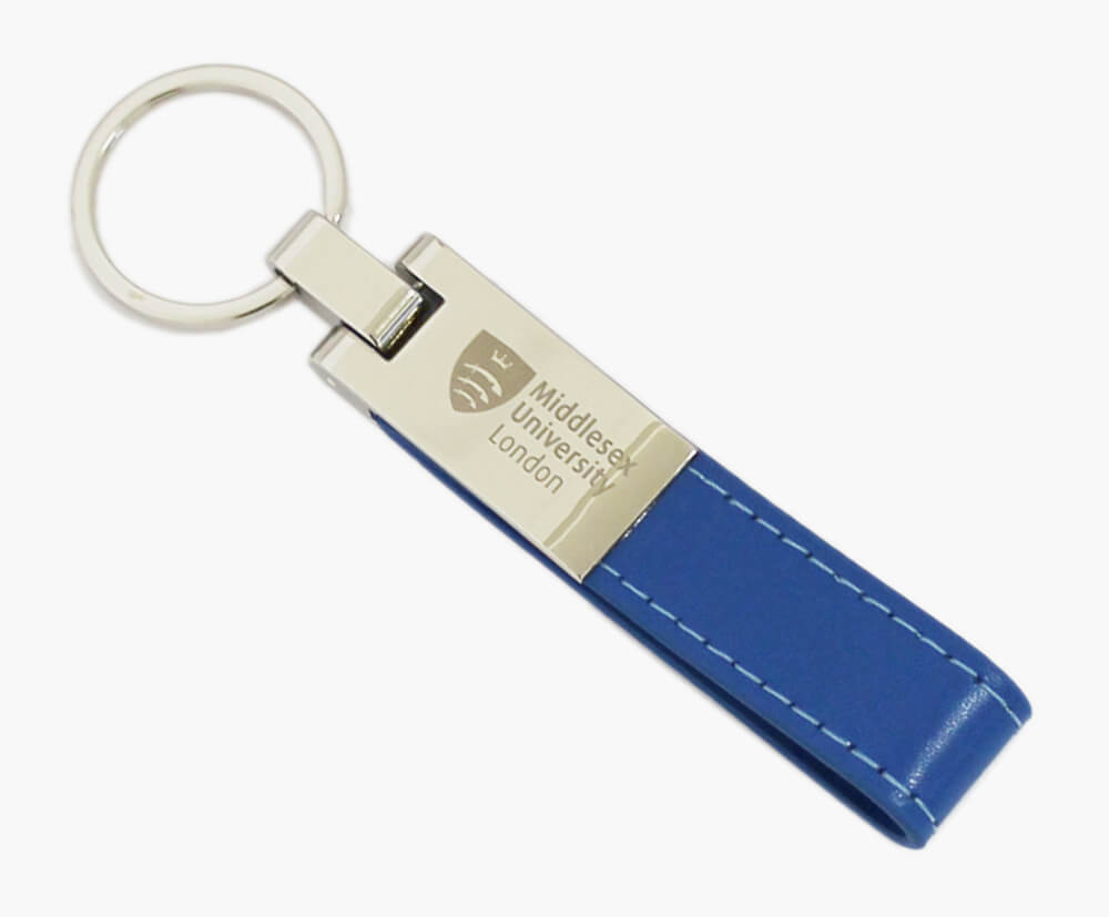 Blue PU leather keyring with metal clasp engraved with custom logo.