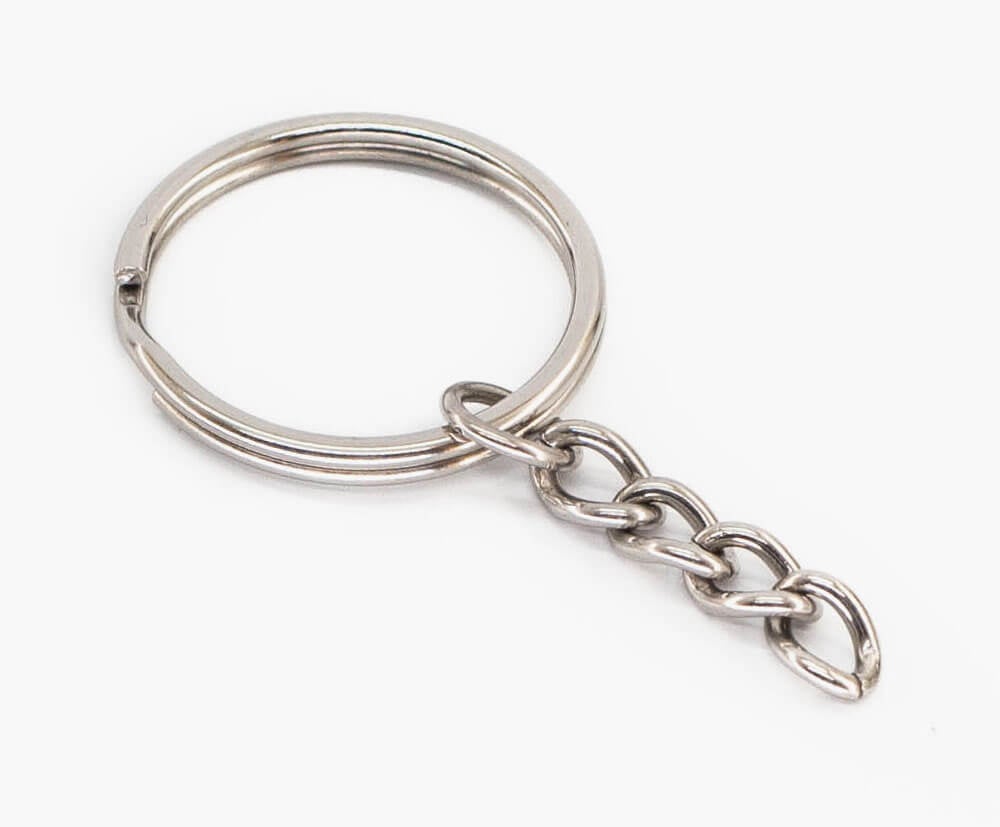 Classic split-ring and chain attachment for reflective keyrings.