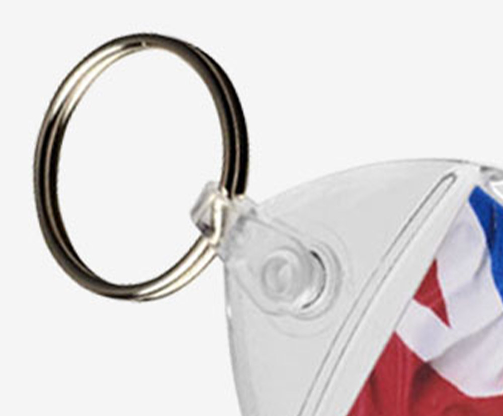 Clear bottle opener keyring with a metal split-ring and plastic connector.