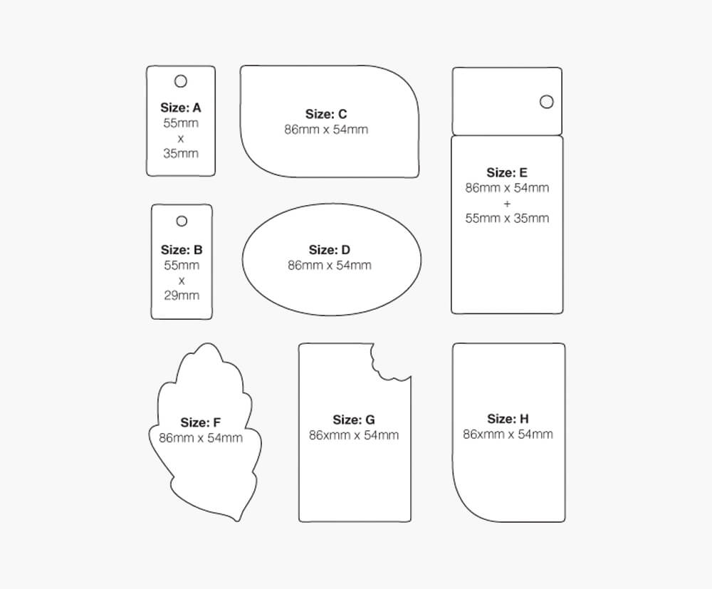 Size and shape options of custom plastic card keyrings.